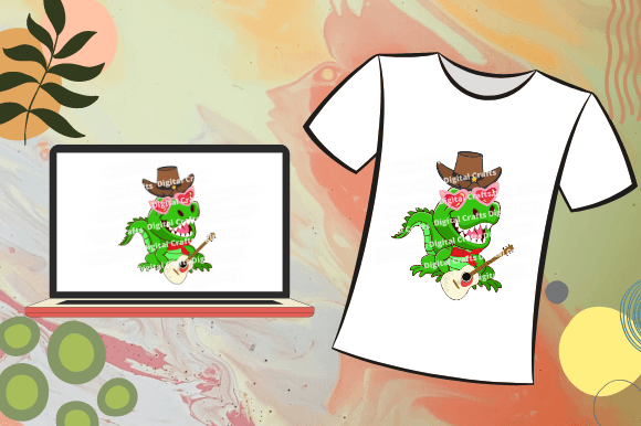 Image of a t-shirt and laptop with a picture of a dinosaur in a cowboy hat and with a guitar.