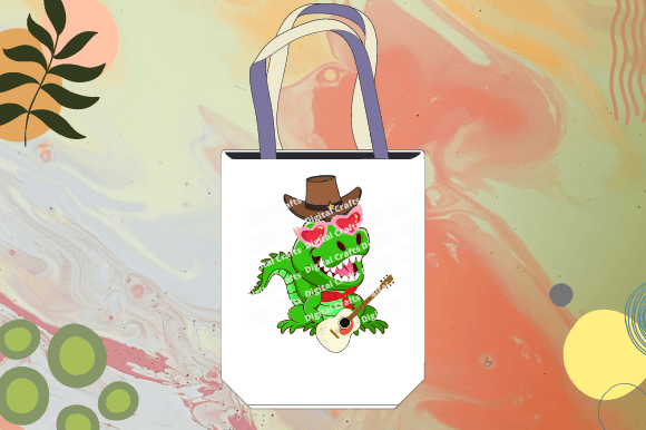 Image of a white bag with a beautiful dinosaur print wearing a cowboy hat and a guitar.