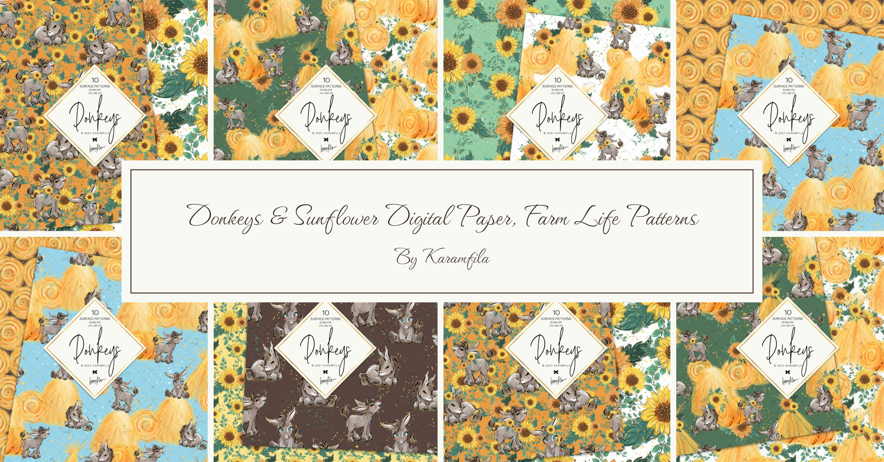 Donkeys & Sunflower Digital Paper MasterBundles