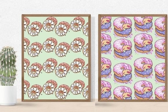 Cactus in a pot and 2 different pictures in brown frames - white and pink donuts on a mint background and donuts with pink and purple icing on a mint background.