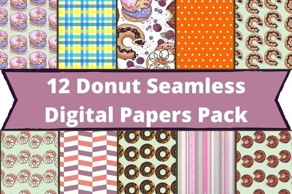 The white lettering "12 Donut Seamless Digital Papers Pack" on a lavender background and 10 different donut images.