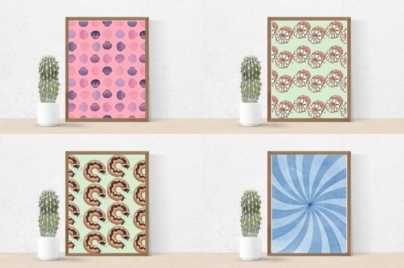 Cactus in a pot and 4 different pictures in brown frames - pink and purple seashells on a pink background, white and pink donuts on a mint background, bitten brown donuts on a mint background and a light blue and blue mesmerizing circle.