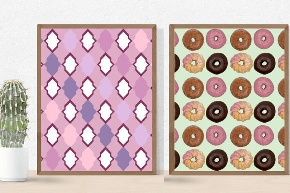 Cactus in a pot and 2 different pictures in brown frames - white and purple abstractions and colorful donuts on a mint background.