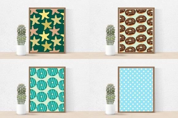 Cactus in a pot and 4 different pictures in brown frames - starfishes on a green background, brown donuts on a mint background, turquoise donuts on a mint background and white polka dots on a light blue background.