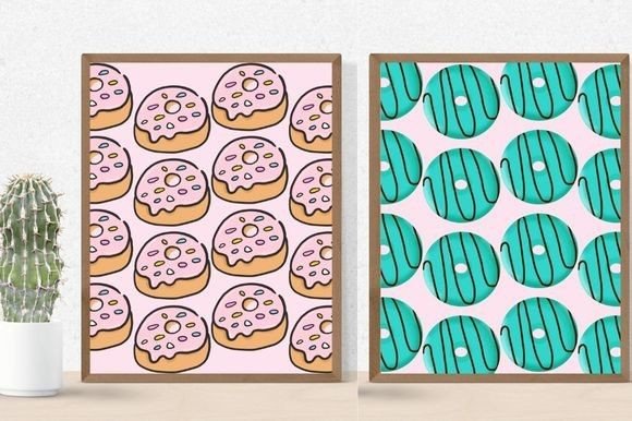 Cactus in a pot and 2 different pictures in brown frames - donuts with pink icing on a light pink background and turquoise donuts on a mint background.