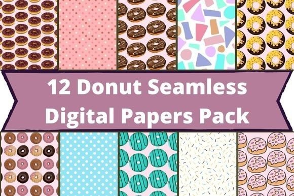 The white lettering "12 Donut Seamless Digital Papers Pack" on a purple background and 10 different donut images.