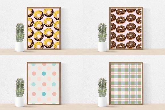 Cactus in a pot and 4 different pictures in brown frames - brown donuts with yellow icing on a white background, brown donuts on a white background, colorful polka dots on a mint background and in a white, pink and green check.