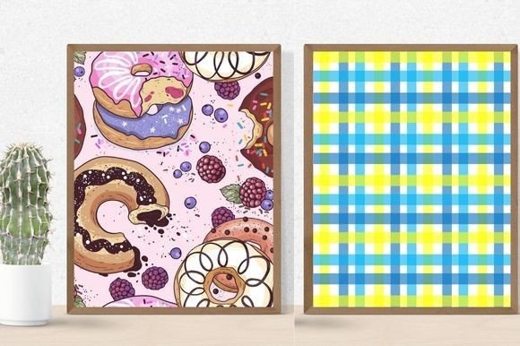 Cactus in a pot and 2 different pictures in brown frames - multi-colored donuts and bitten donuts on a light pink background and in a white-blue-yellow check.