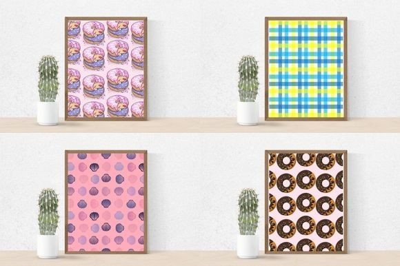 Cactus in a pot and 4 different pictures in brown frames - donuts with purple icing and bitten donuts with pink icing on a light pink background, in a white, blue and yellow check, pink and purple shells on a pink background and brown donuts on a white background.