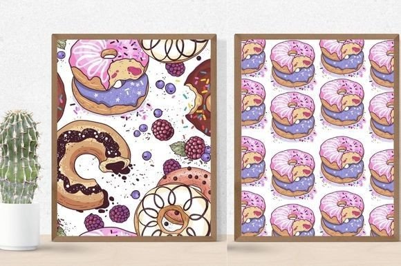 Cactus in a pot and 2 different pictures in brown frames - multi-colored donuts and bitten donuts on a white background and donuts with purple icing and bitten donuts with pink icing on a white background.