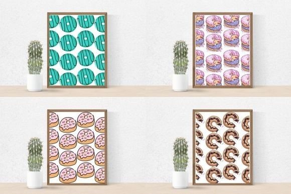 Cactus in a pot and 4 different pictures in brown frames - turquoise donuts on a mint background, donuts with purple icing and bitten donuts with pink icing on a white background, donuts with pink icing on a white background and bitten brown donuts on a white background.