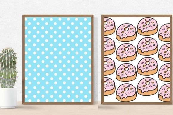 Cactus in a pot and 2 different pictures in brown frames - white polka dots on a light blue background and donuts with pink icing on a white background.