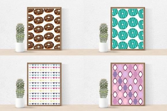 Cactus in pot and 4 pictures in brown frames - brown donuts on a white background, turquoise donuts on a white background, colorful hearts on a white background and purple and white abstractions.