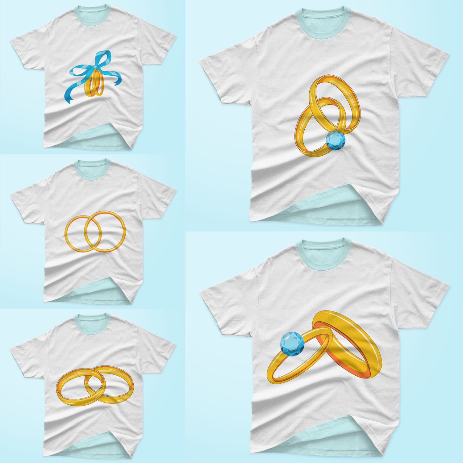 A selection of images of t-shirts with amazing prints of wedding rings.