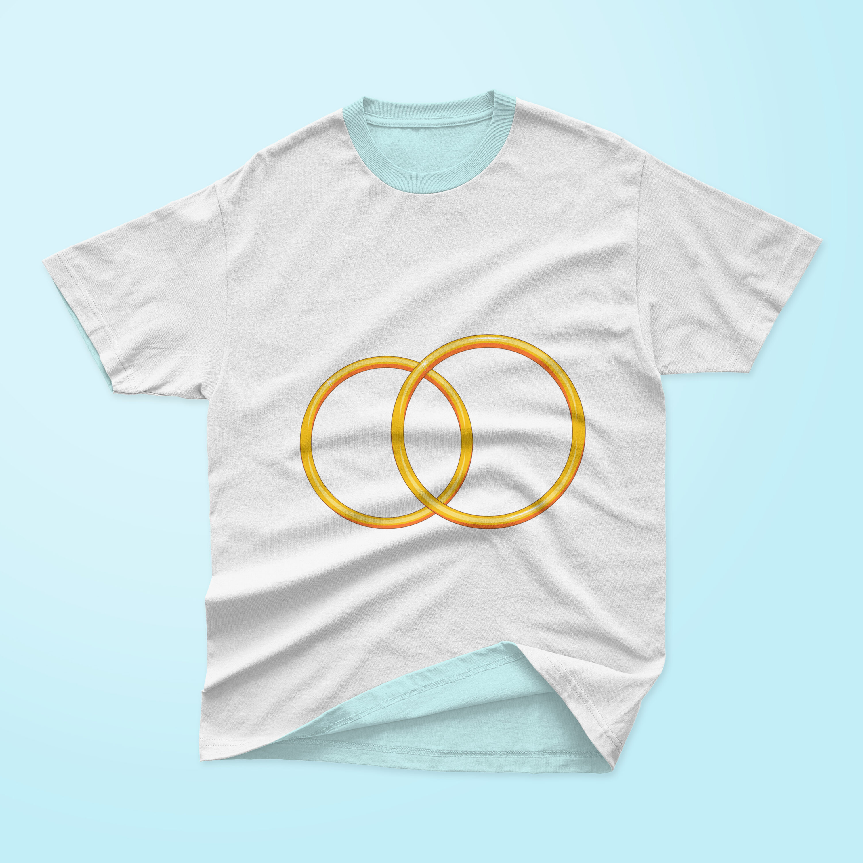 Image of a t-shirt with a colorful print of wedding rings.