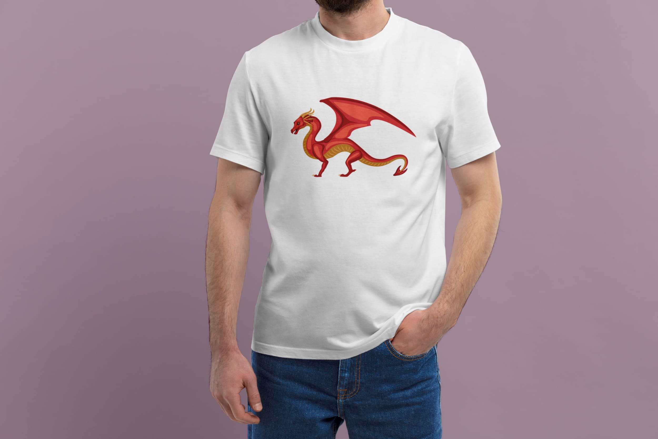 A white t-shirt with an image of a red dragon on a man.