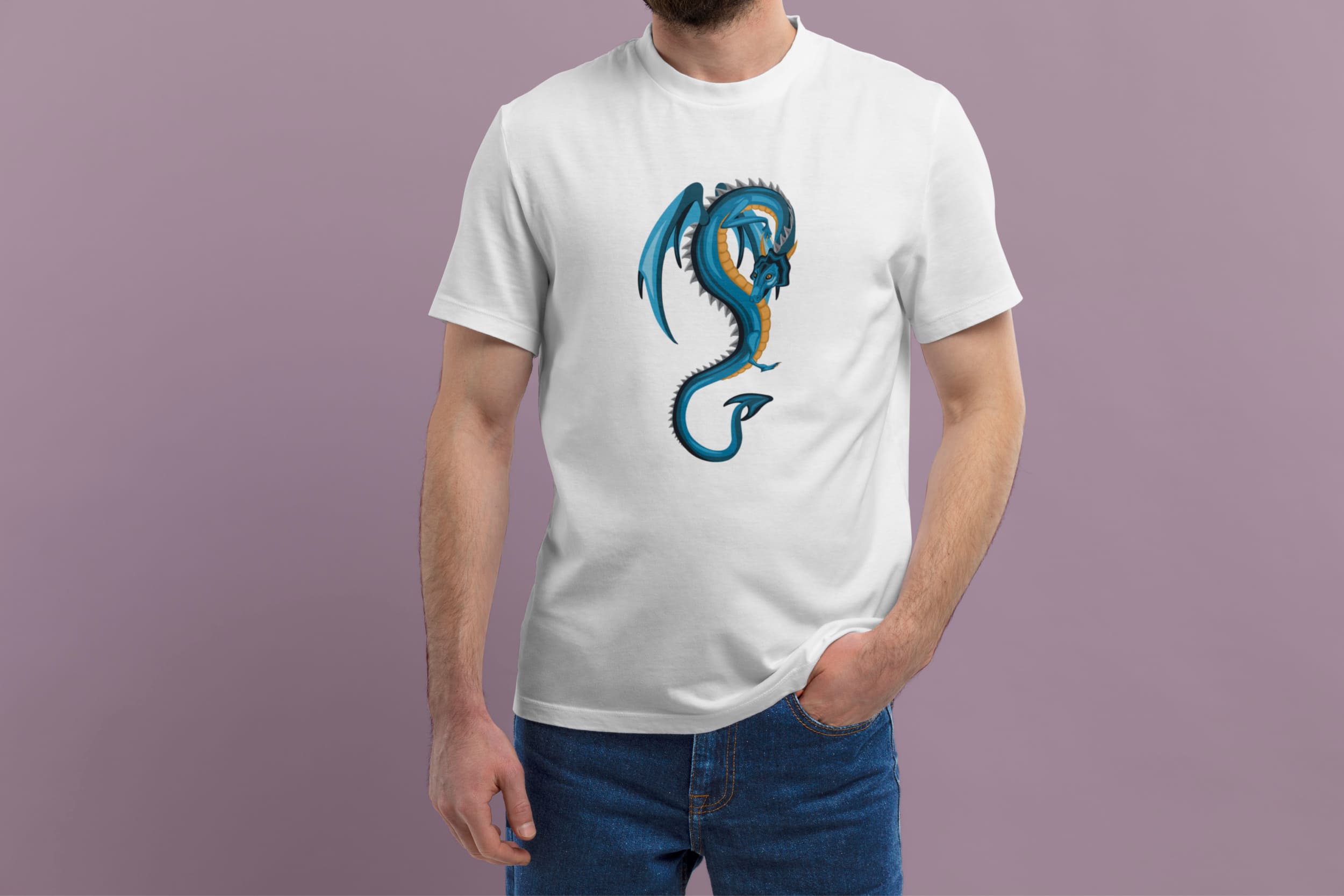 A white t-shirt with an image of a blue dragon on a man.