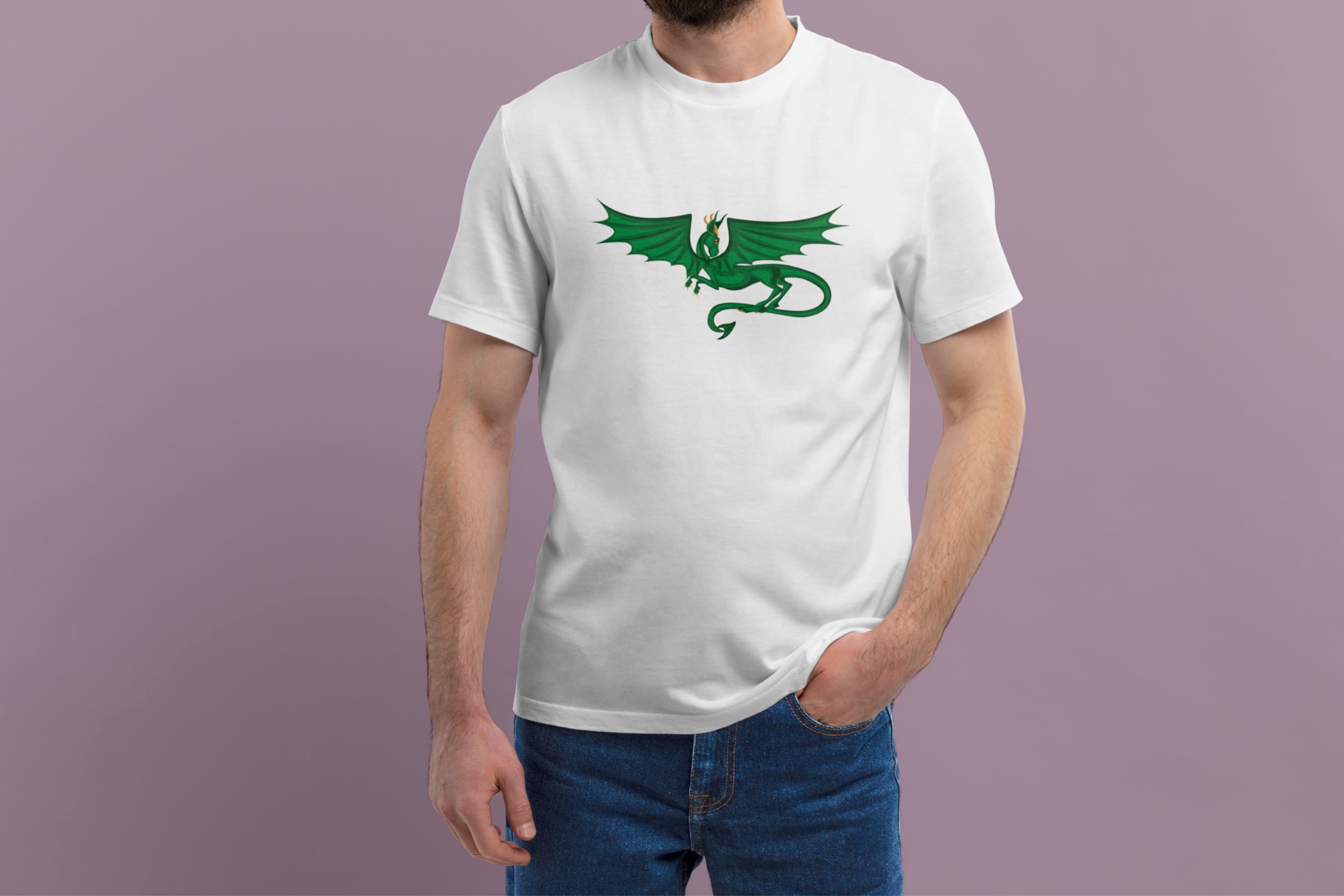 A white t-shirt with an image of a green dragon on a man.