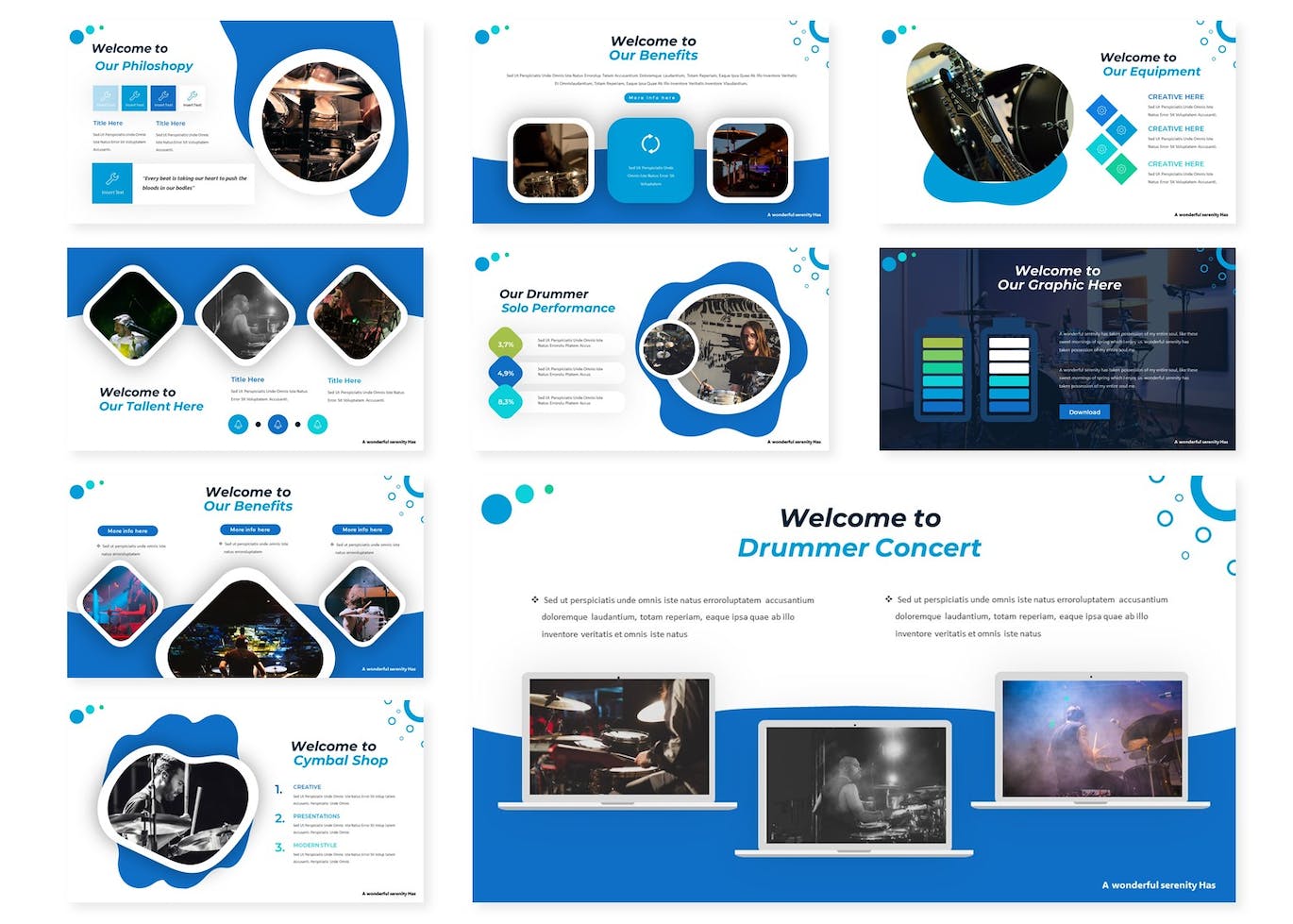 Set of images of adorable presentation template slides for musicians.