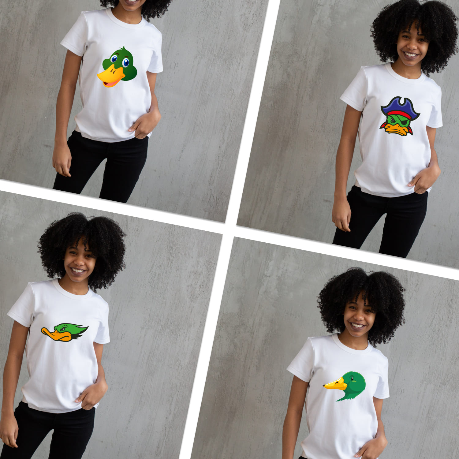 A selection of images of T-shirts with colorful prints of duck heads.