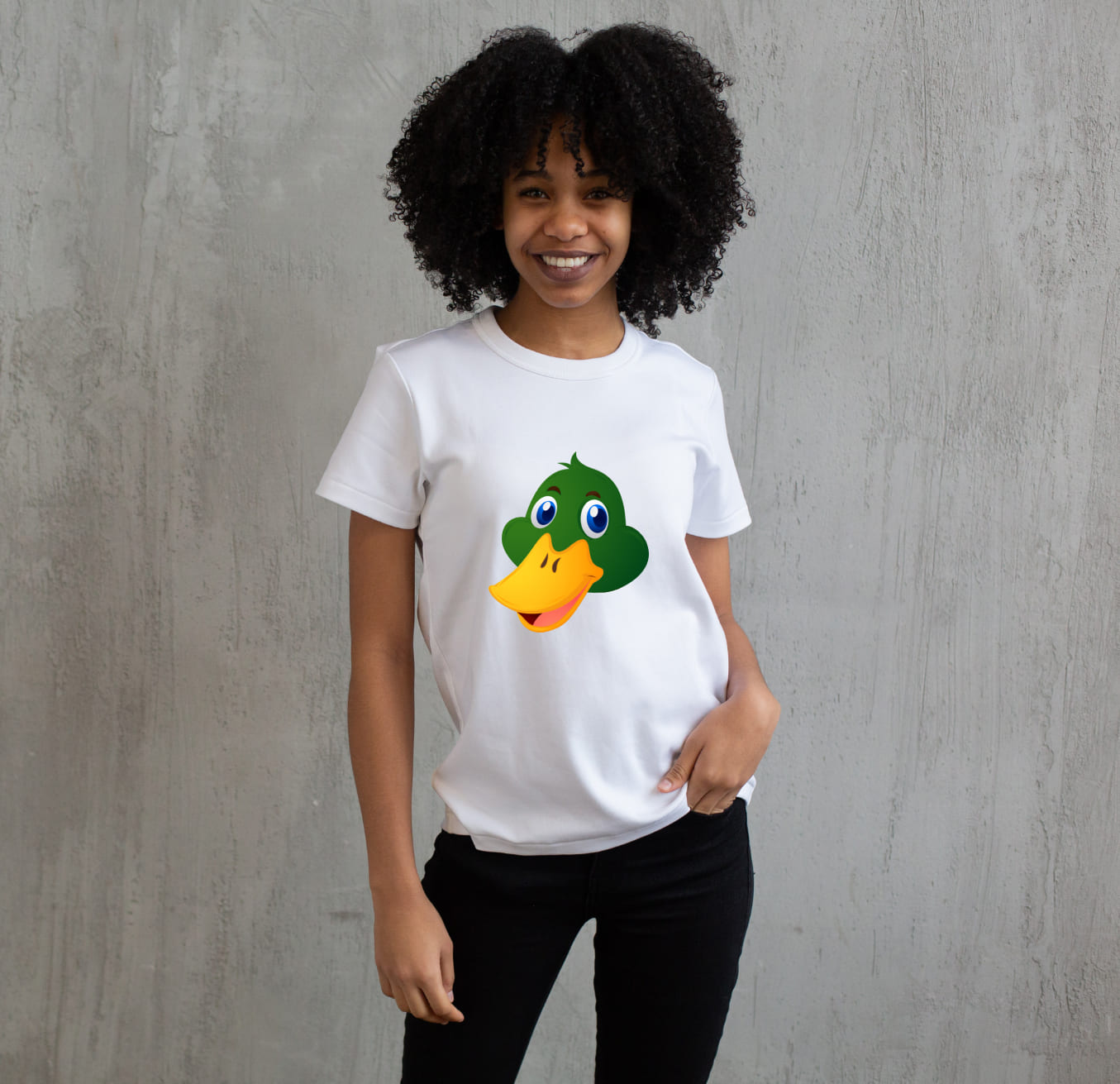 Image of a white t-shirt with an irresistible green duck head print.