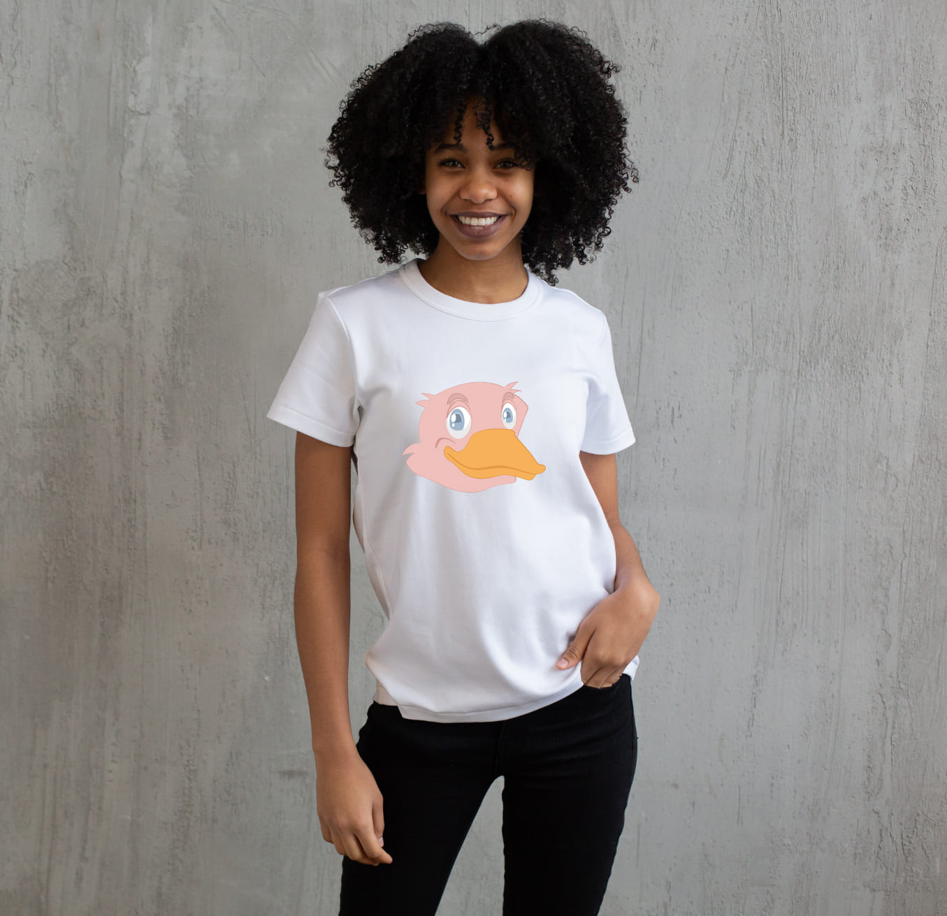 The image of a white t-shirt with an enchanting print of the head of a pink duck.