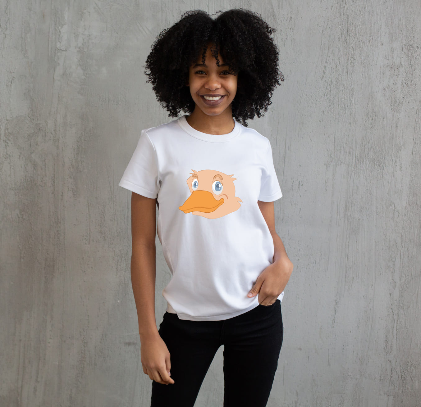 Image of a white t-shirt with amazing duck head print.