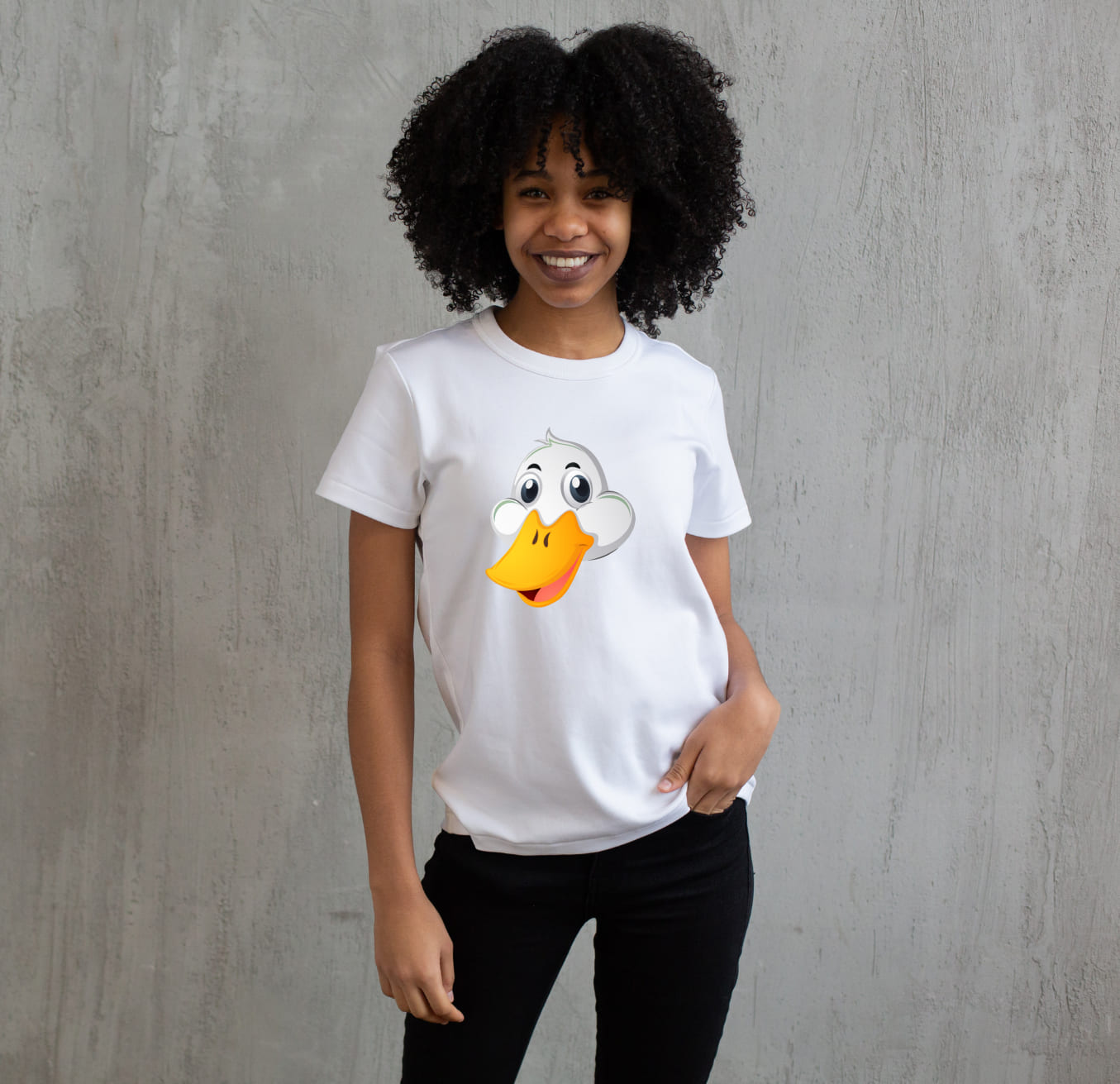 Image of a white t-shirt with a unique duck head print.