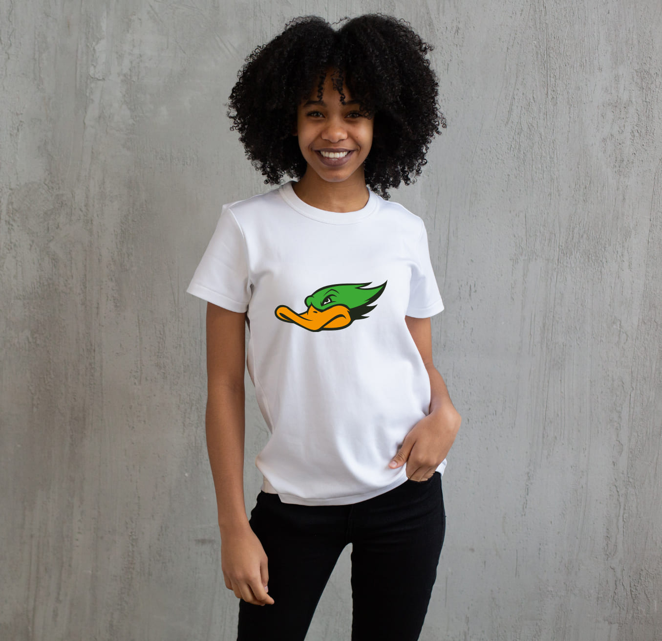 Picture of a white t-shirt with exquisite duck head print.