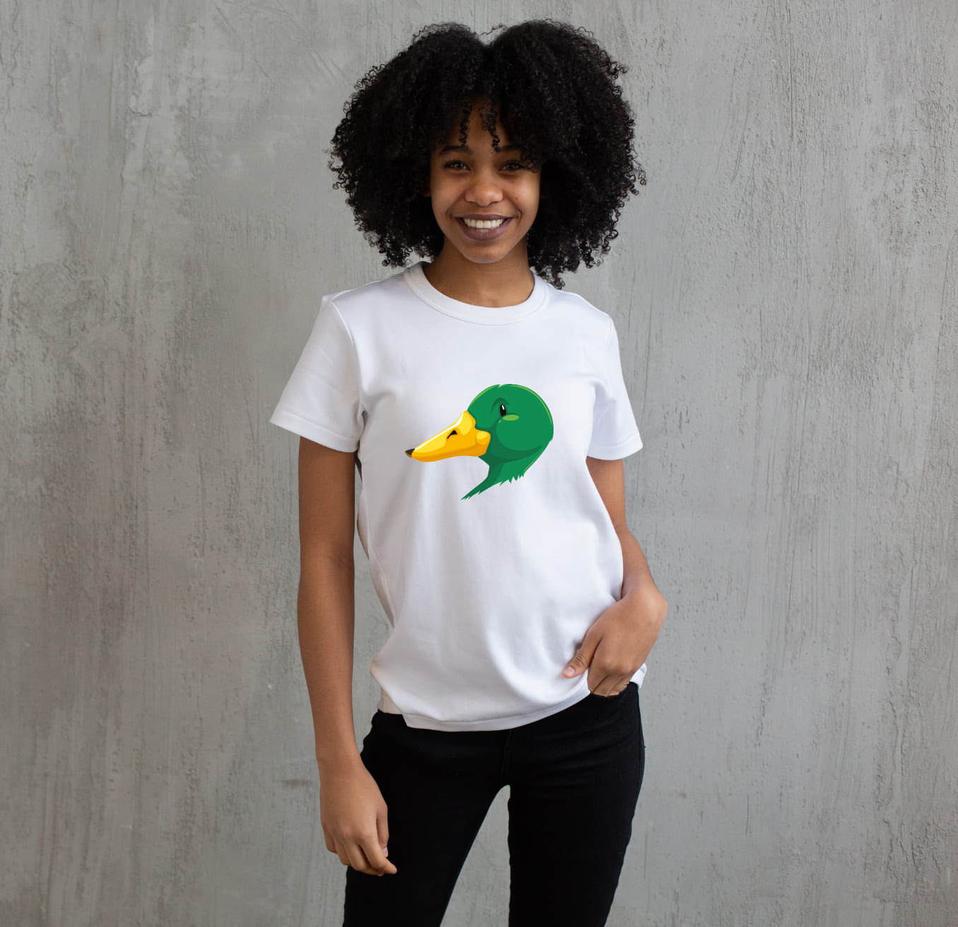 Image of a white t-shirt with a luxurious duck head print.