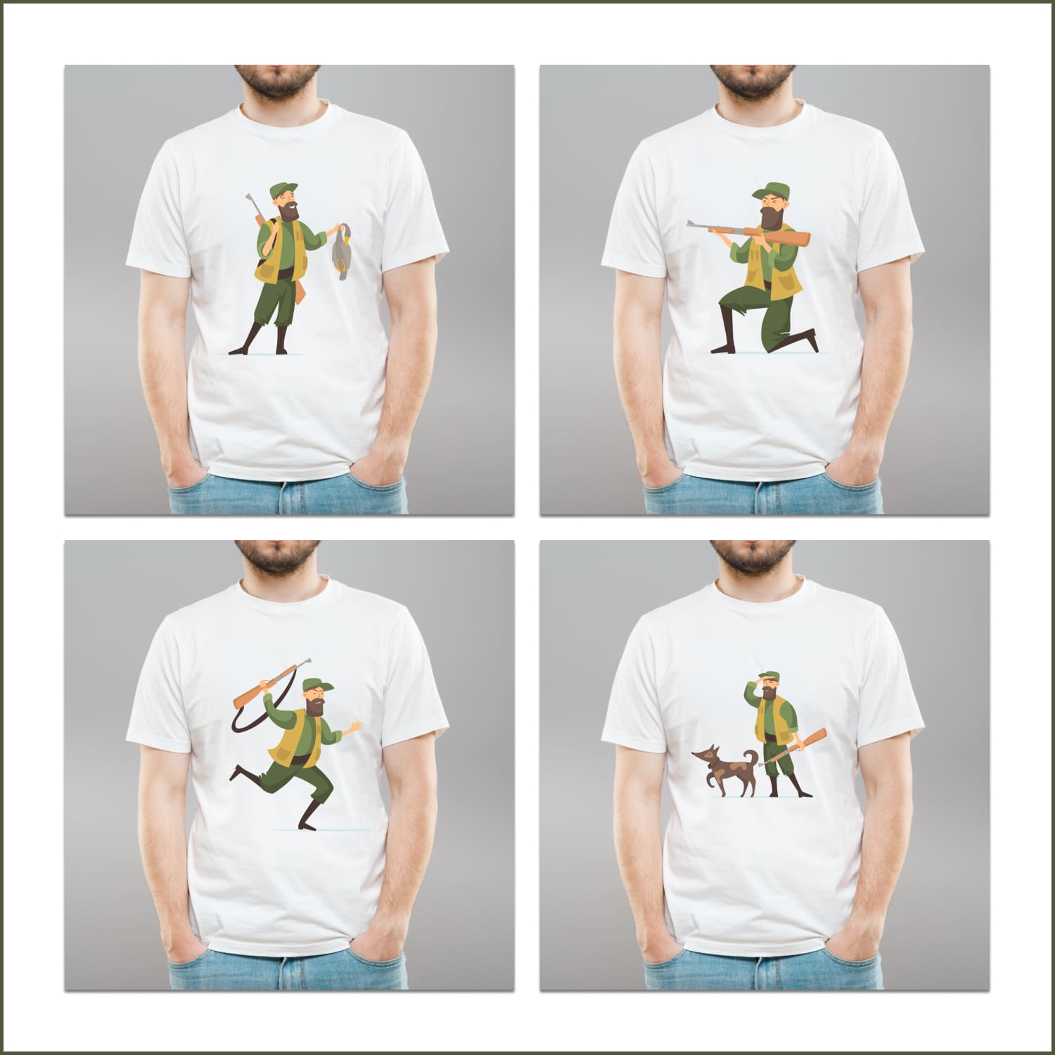 A selection of images of T-shirts with unique duck hunter prints.