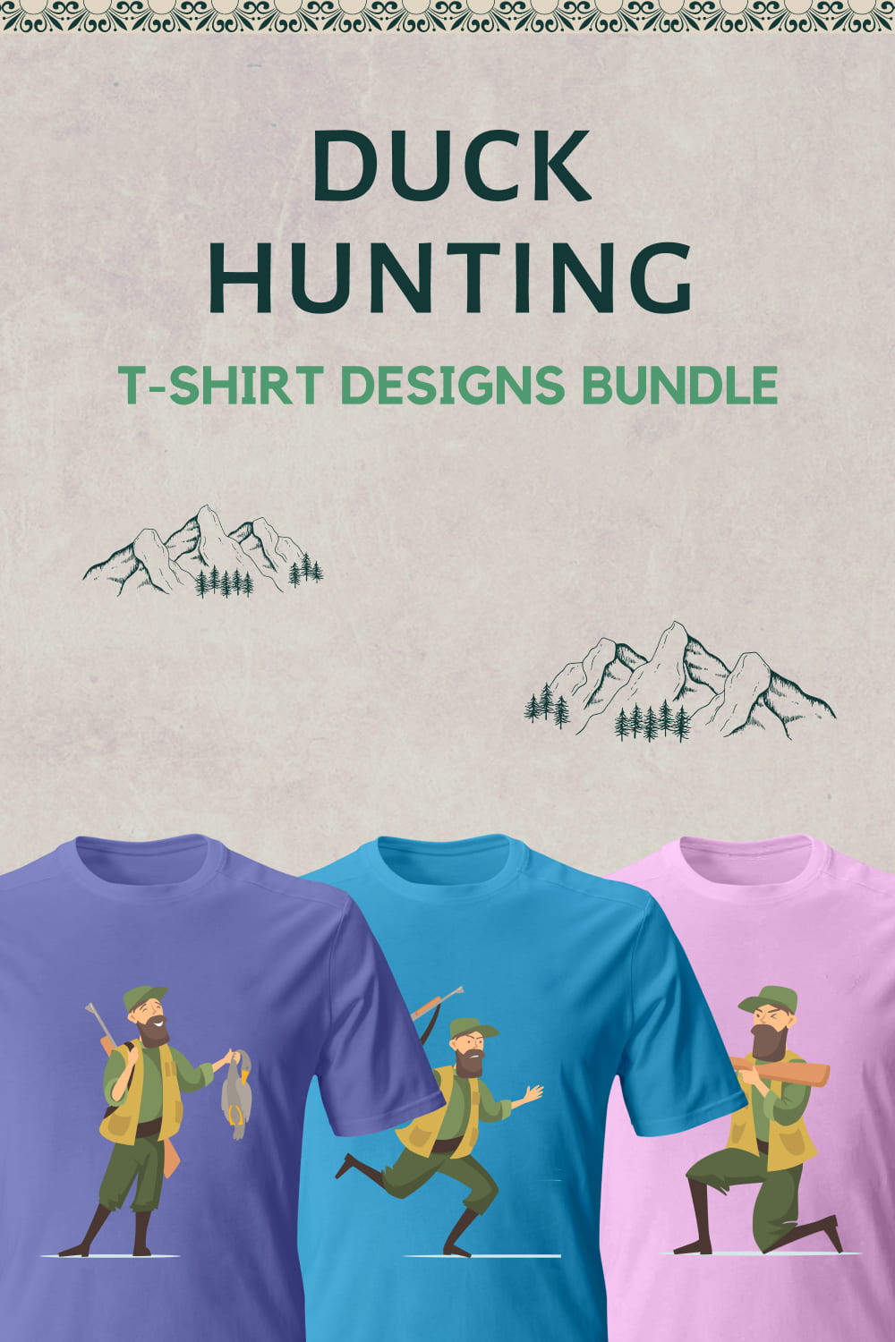 A bunch of images of T-shirts with exquisite prints of the duck hunter.