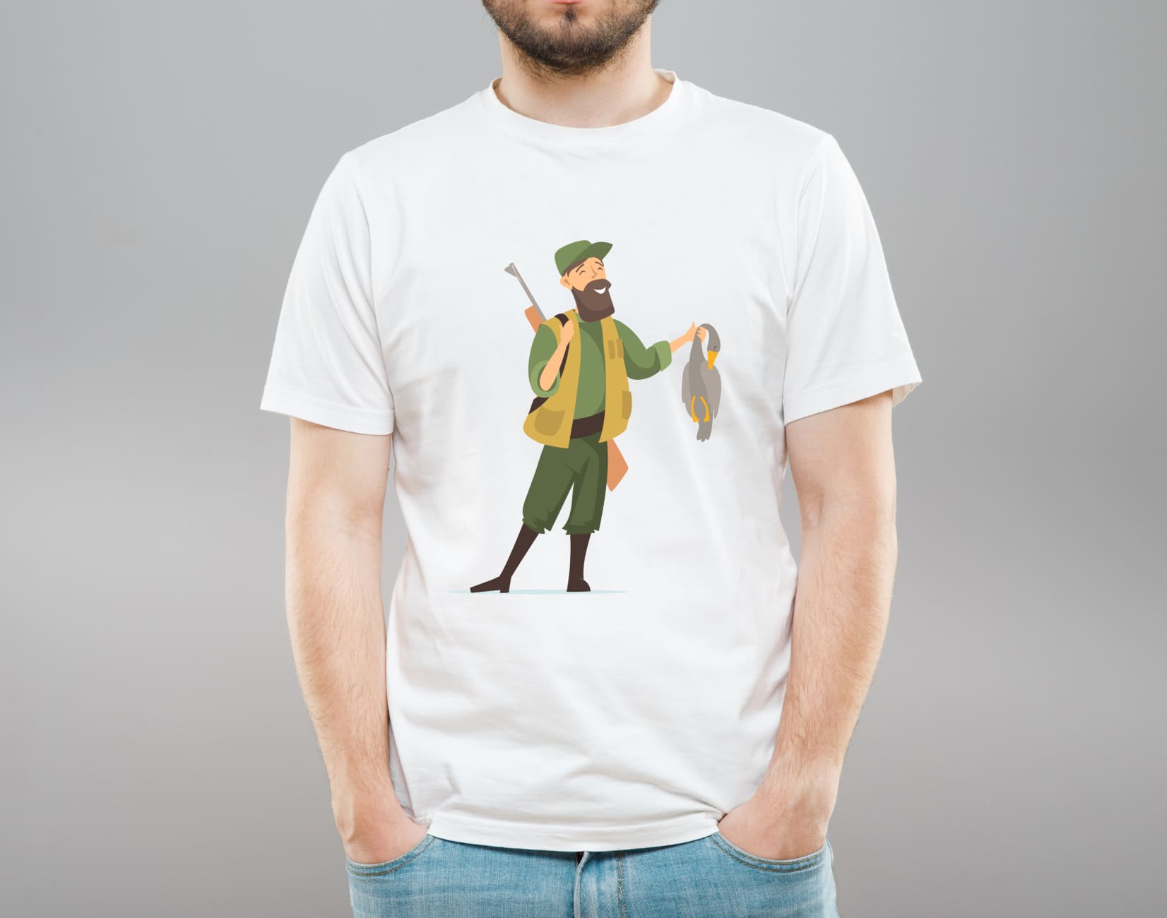 Image of white t-shirt with cute duck hunter print.