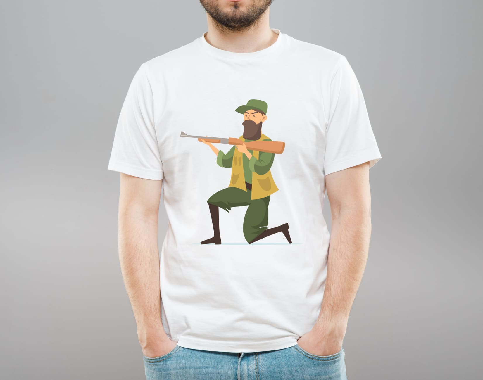 Image of a white t-shirt with a colorful duck hunter print.
