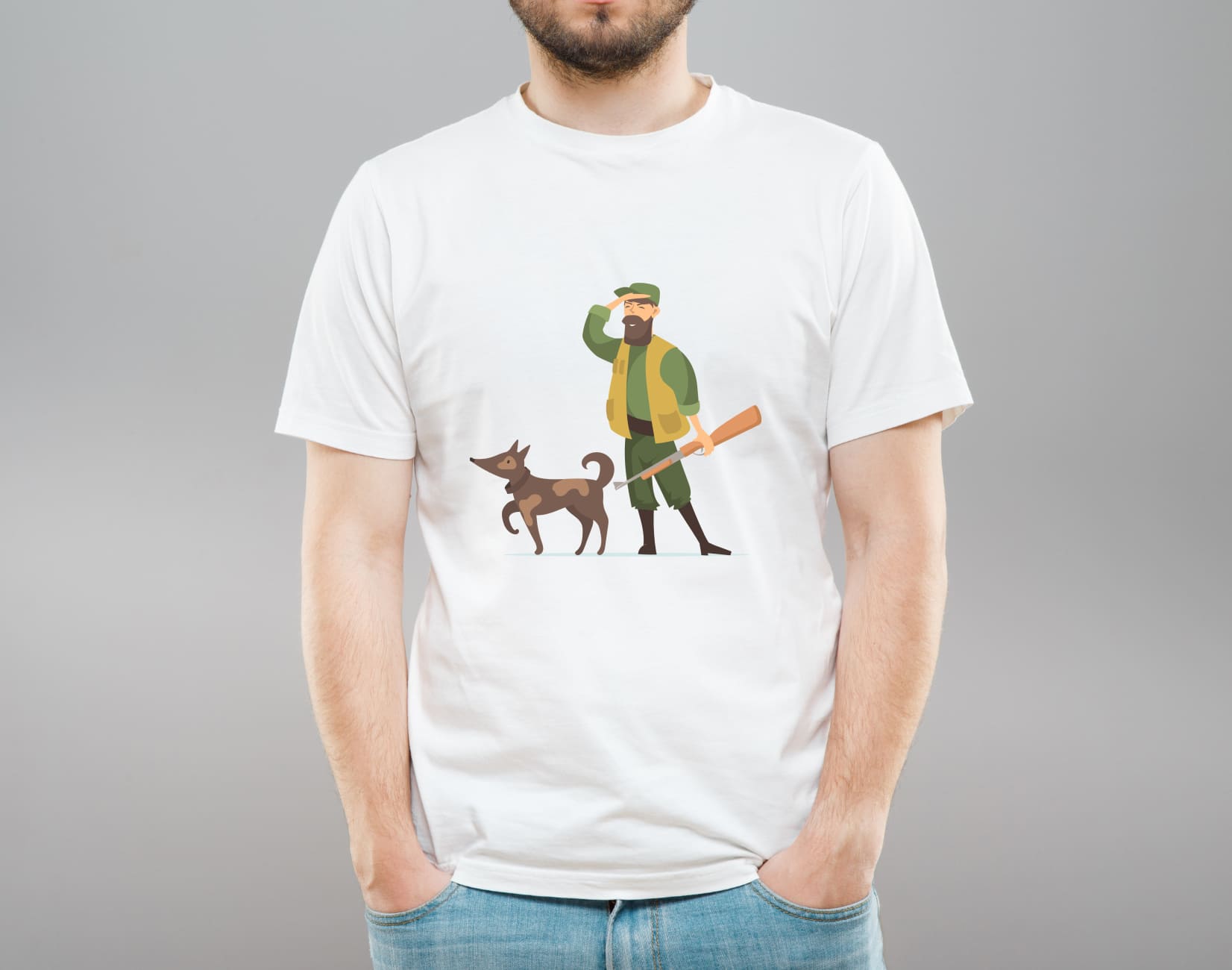 Image of a white t-shirt with a beautiful print of a duck hunter with a dog.