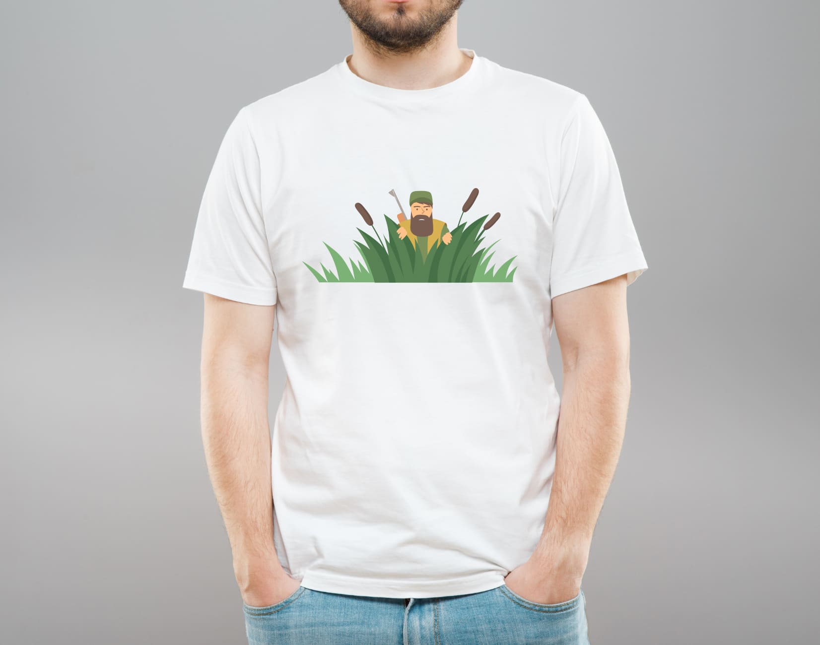 Picture of white t-shirt with adorable duck hunter print.
