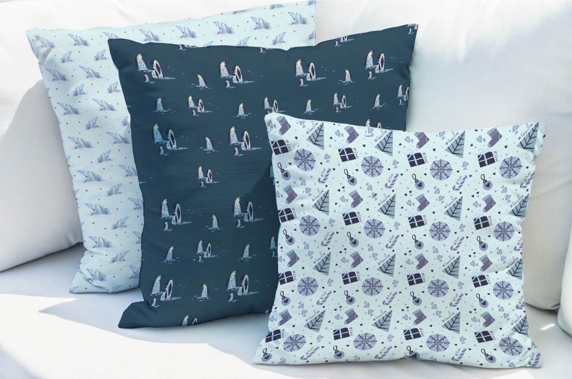 Winter Patterns and Christmas Cards, pillows mockup.