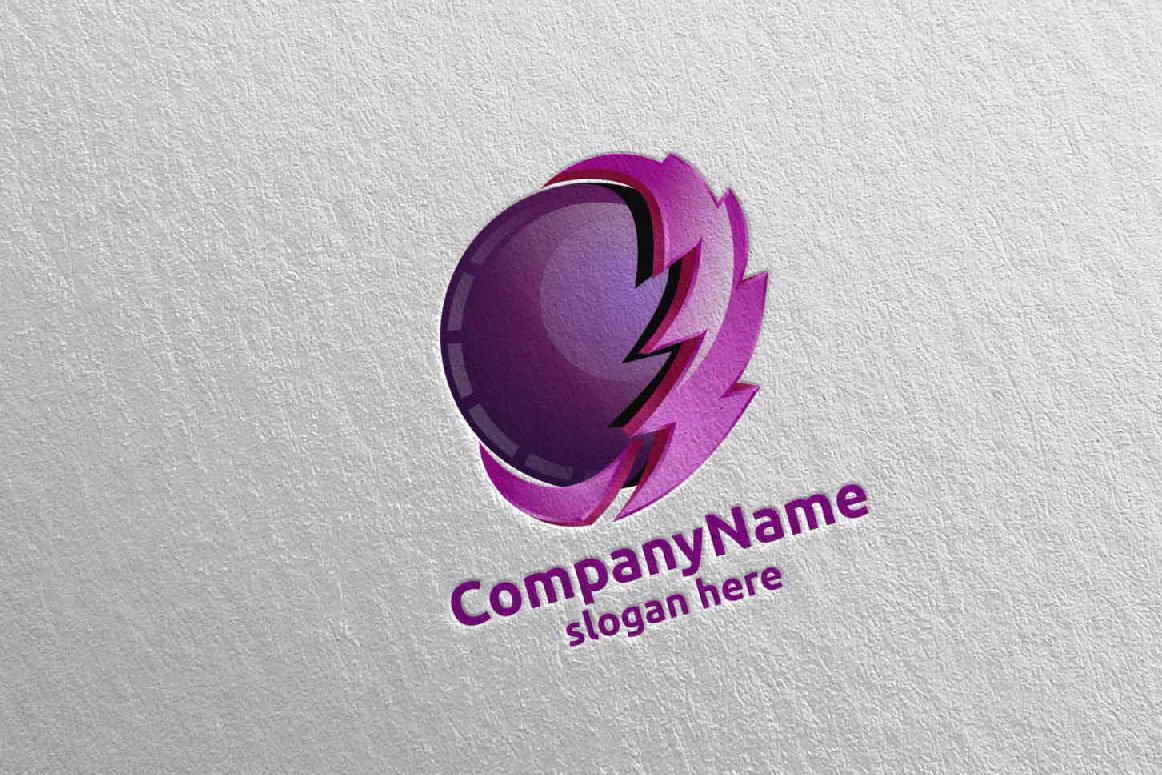 A purple 3D electric lightning logo energy and thunder and purple lettering "CompanyName slogan here" on a gray background.