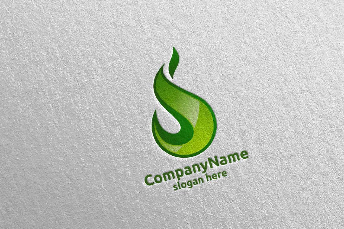 A green 3D fire flame element logo and green lettering "CompanyName slogan here" on a gray background.