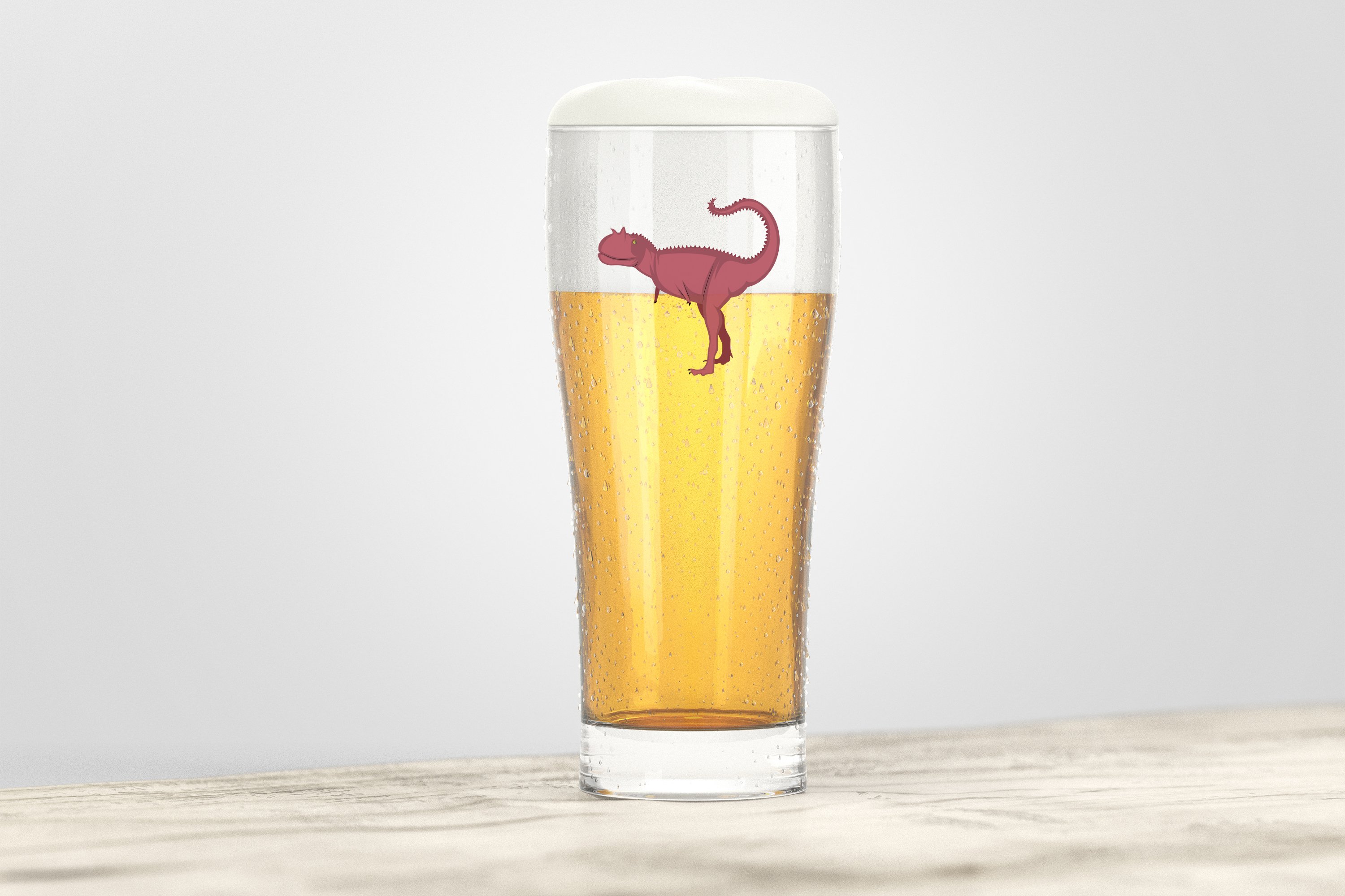 Pink dinosaur logo on a transparent beer cup.