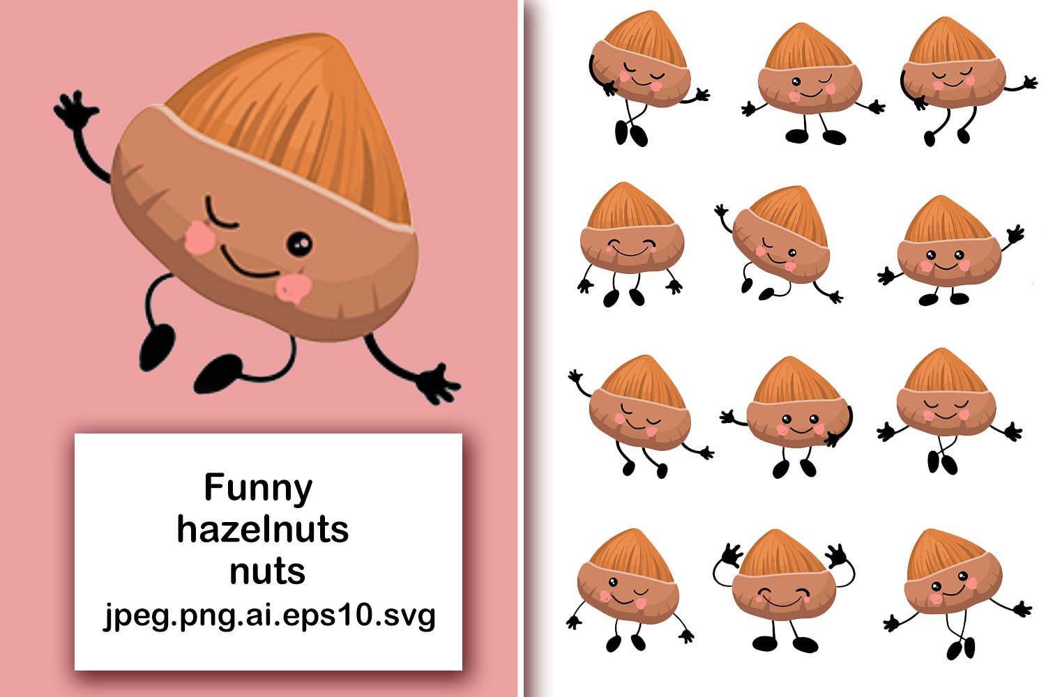 An illustration of a hazelnut on a pink background and a set of 12 hazelnuts on a white background.