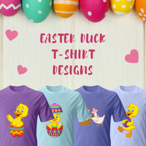 Selection of images of t-shirts with cartoon prints of Easter eggs and duckling.