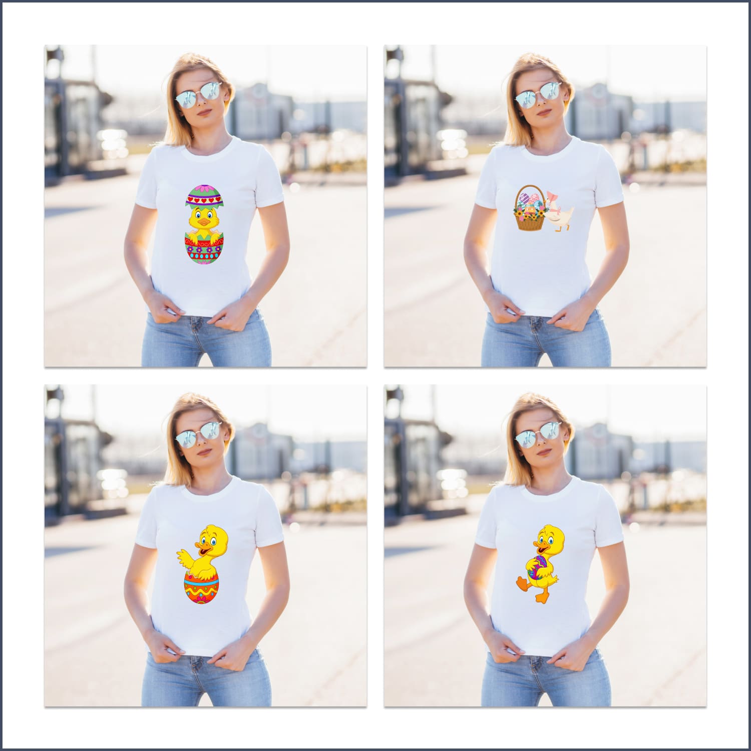 Bundle of t-shirt images with beautiful prints of easter eggs and duckling.