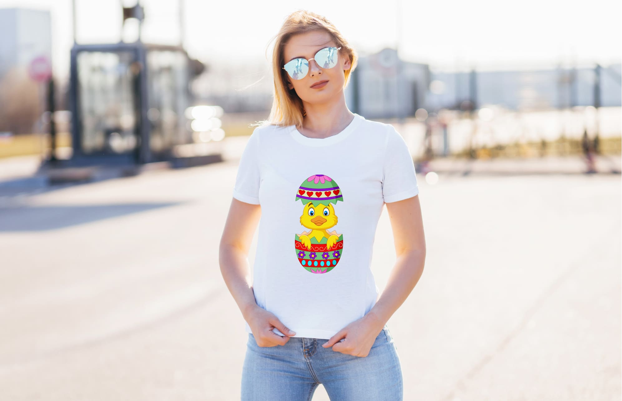 Image of white t-shirt with unique easter egg and duck print.