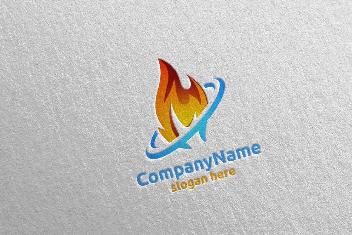 A orange and blue 3D fire flame element logo and blue and orange lettering "CompanyName slogan here" on a gray background.