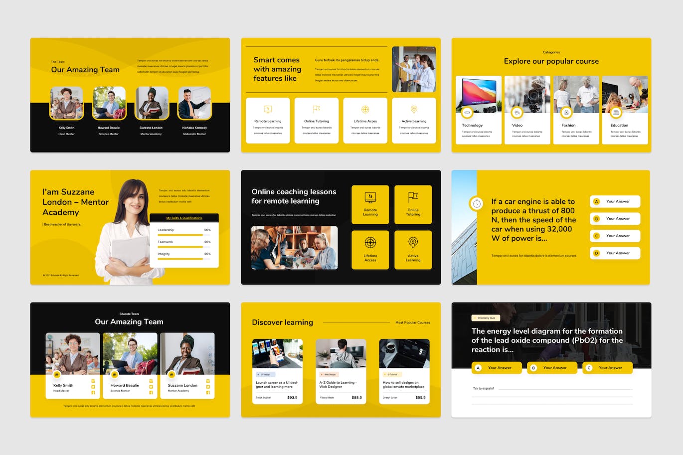 Set of images of exquisite presentation template slides in yellow and black colors.