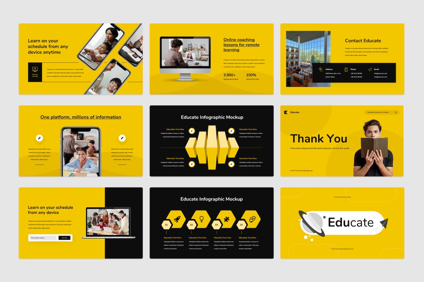 Collection of images of unique presentation template slides in yellow and black colors.