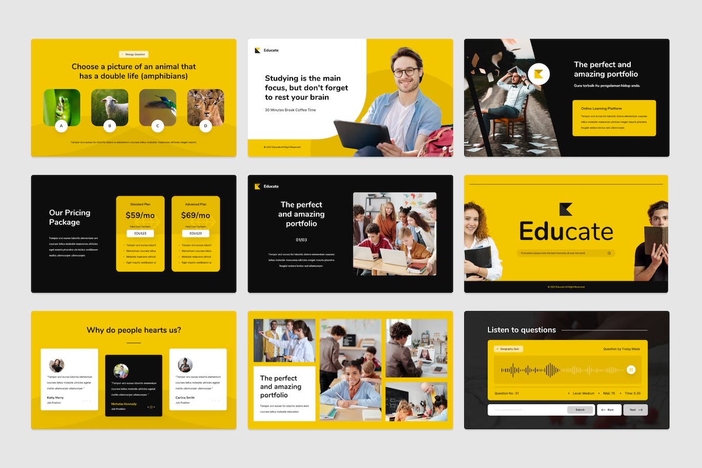 A selection of images of adorable presentation template slides in yellow and black colors.