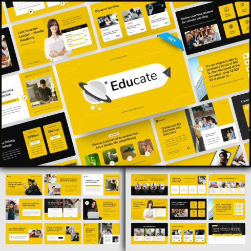 Collection of images of unique presentation template slides in yellow and black colors.