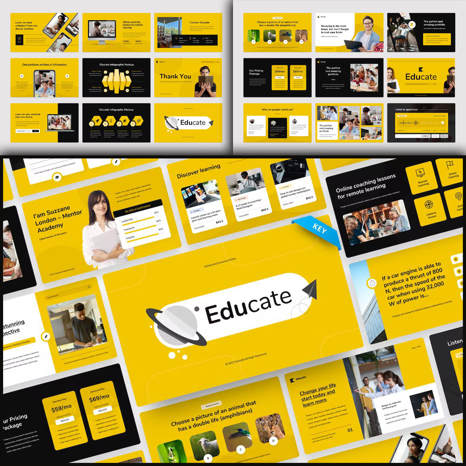 Set of images of exquisite presentation template slides in yellow and black colors.